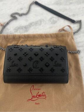 Christian Louboutin Black Paloma Clutch (Wallet) Gunmetal Chain Bag, red accent